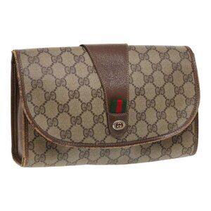 GUCCI GG Supreme Web Sherry Line Clutch Bag PVC Beige Red